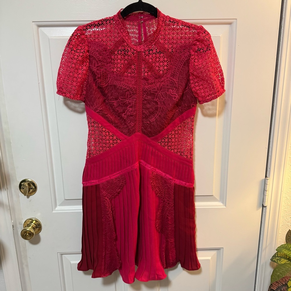 Self-Portrait Pink Guipure Lace Pleated Mini Dress Size US 4 - Picture 2 of 12